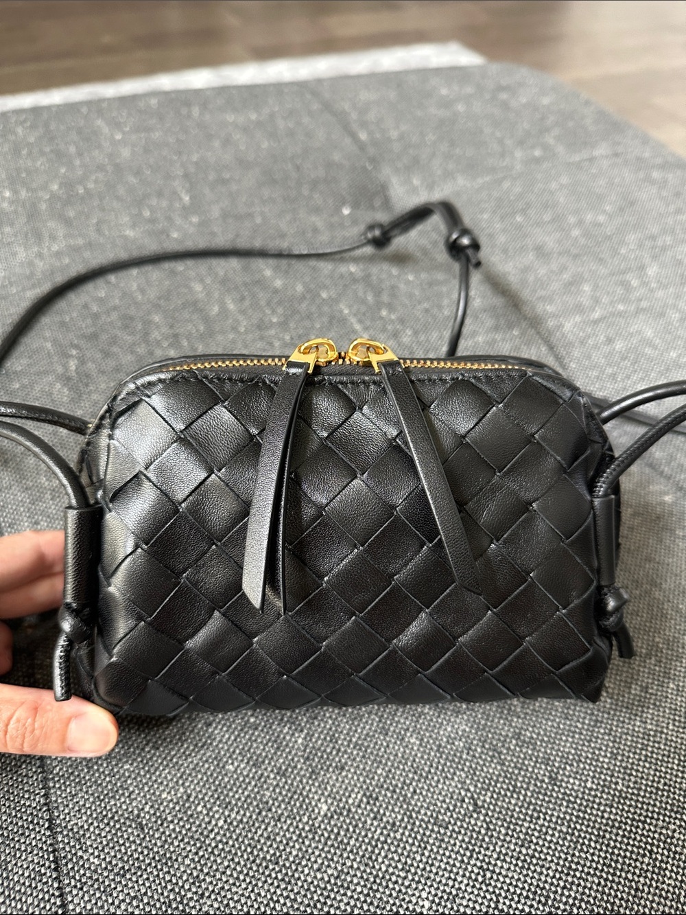 Bottega Veneta Black Intrecciato Mini Crossbody Bag with Gold Hardware